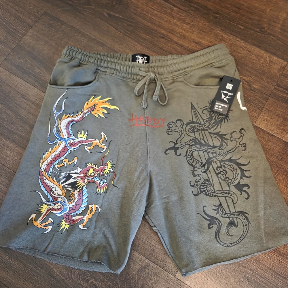 NWT Y2K  ED HARDY Painted Dragon Tattoo Drawstring Shorts Olive Green shorts